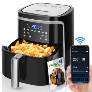 Фритюрник с горещ въздух без мазнина XXL 7 л, 1900 W, интелигентен. Wi-Fi свързаност. Сензорен LED дисплей, 7 предварително зададени функции. Без BPA. ПОДАРЪК: Електрическа кана 1,7 л.