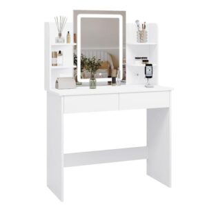 WOLTU Schminktisch mit Spiegel und LED-Beleuchtung, Einstellbarer Helligkeit, Frisiertisch Kosmetiktisch mit licht und 2 Schubladen, 4 offene Ablagen, 2 USB-Ports, Make-up Tisch für Schlafzimmer, Moderner Schminktisch, Weiß MB6112ws