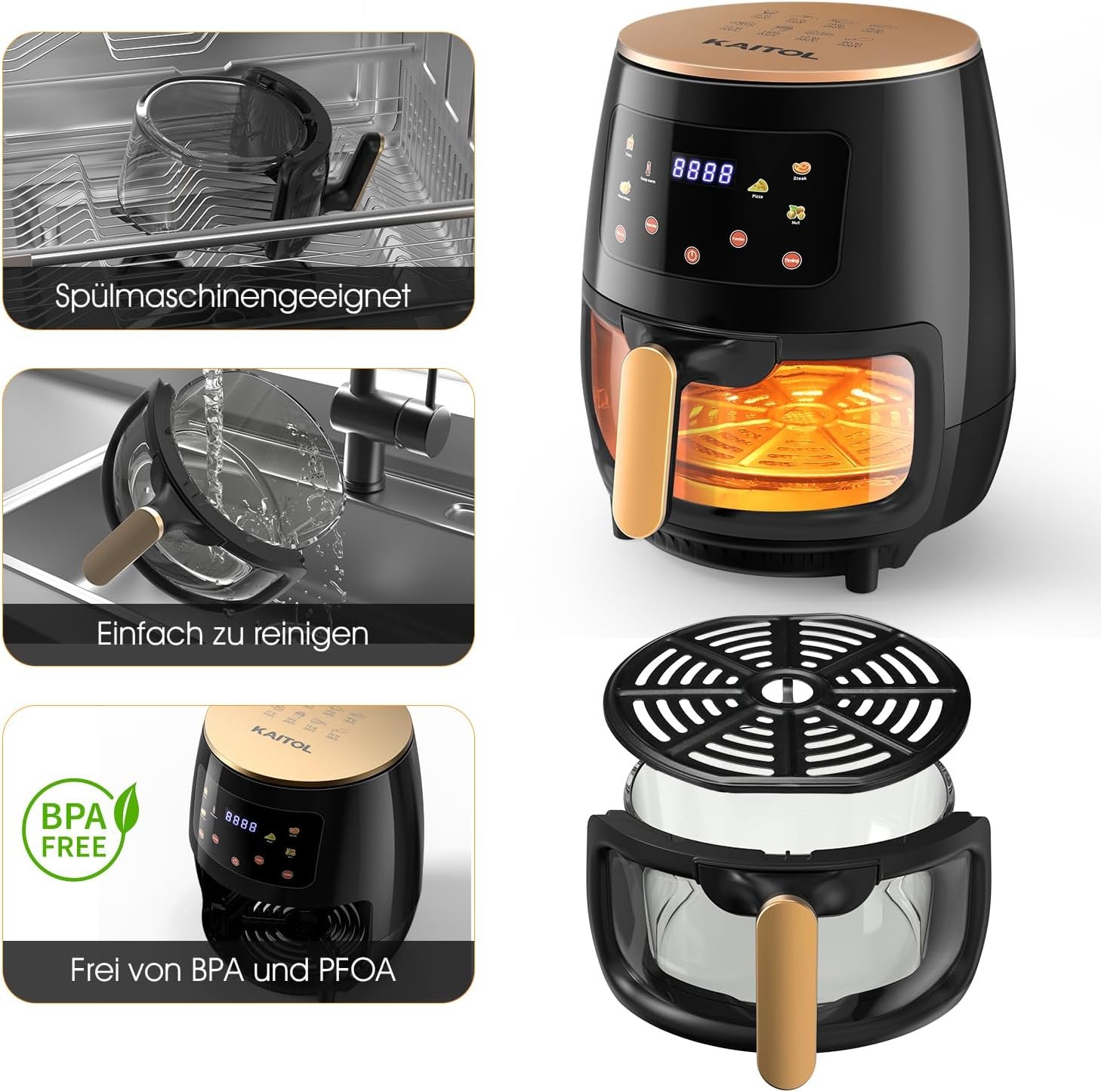 Oyajia Heißluftfritteuse Backofen 5L mit Sichtfenster, 6-in-1 Voreinstellungen, Smart Touchscreen, Timer, Glasbehälter, spülmaschinenfest & ölfreies Kochen - Image 2