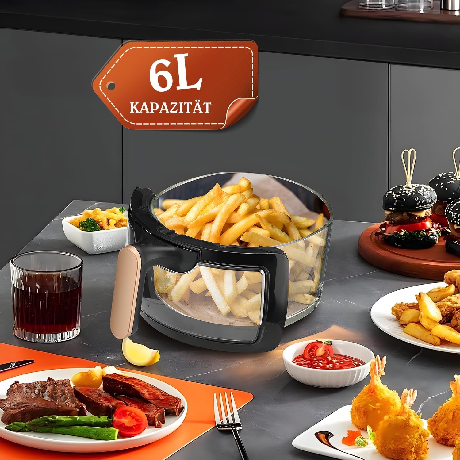 Oyajia Heißluftfritteuse Backofen 5L mit Sichtfenster, 6-in-1 Voreinstellungen, Smart Touchscreen, Timer, Glasbehälter, spülmaschinenfest & ölfreies Kochen - Image 3