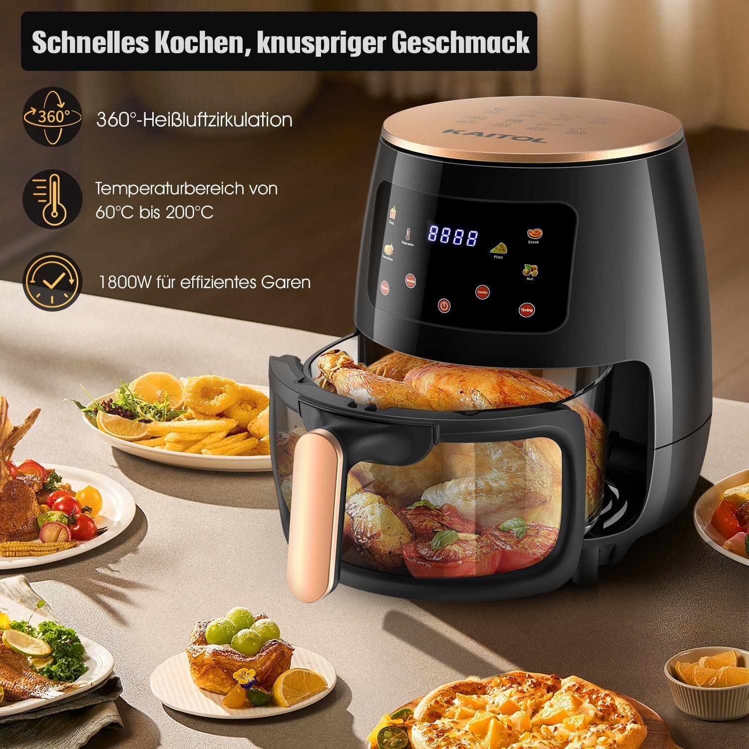 Oyajia Heißluftfritteuse Backofen 5L mit Sichtfenster, 6-in-1 Voreinstellungen, Smart Touchscreen, Timer, Glasbehälter, spülmaschinenfest & ölfreies Kochen - Image 5